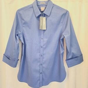 Chico's No Iron Chic Stretch 3/4 Sleeve Shirt, Large, Chico's Size 2, Blue Veil